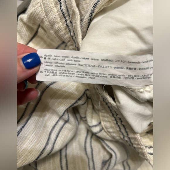 Zara White Tan Striped Cotton Pull On Pants w/ Pockets Boho Size Medium - Picture 2 of 5